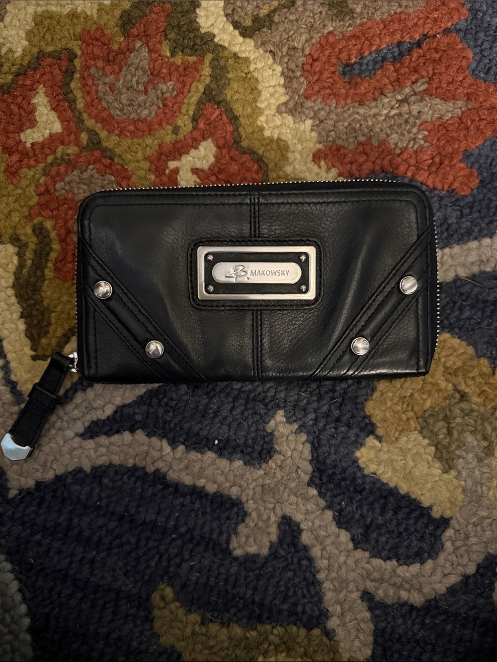 b. makowsky Black Leather Zip Around Wallet with Silver Plate